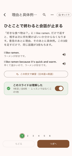 スライド末尾の「このスライドは理解した」スイッチと、下部の進捗の点